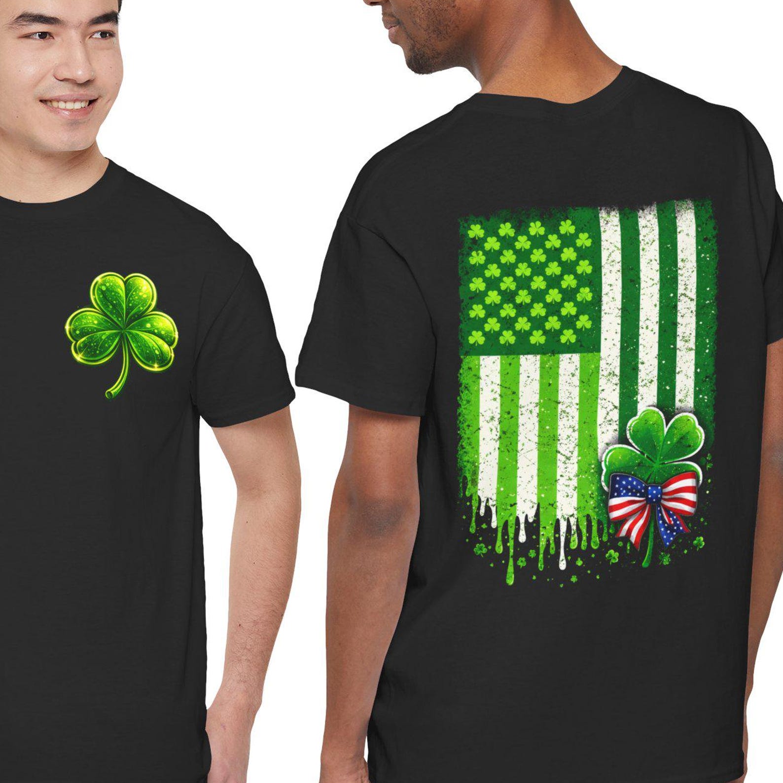 Green Shamrock American Flag T-Shirt | St. Patrick s Day Clover Tee M