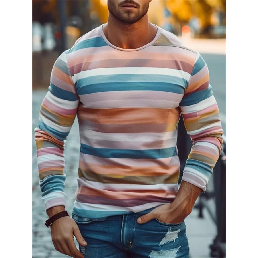 Retro Stribede Grafiske Langærmede T-shirts til Mænd Simpel Mode Forår Efterår 3D Printede T-shirts Afslappede Oversized T-shirts Toppe