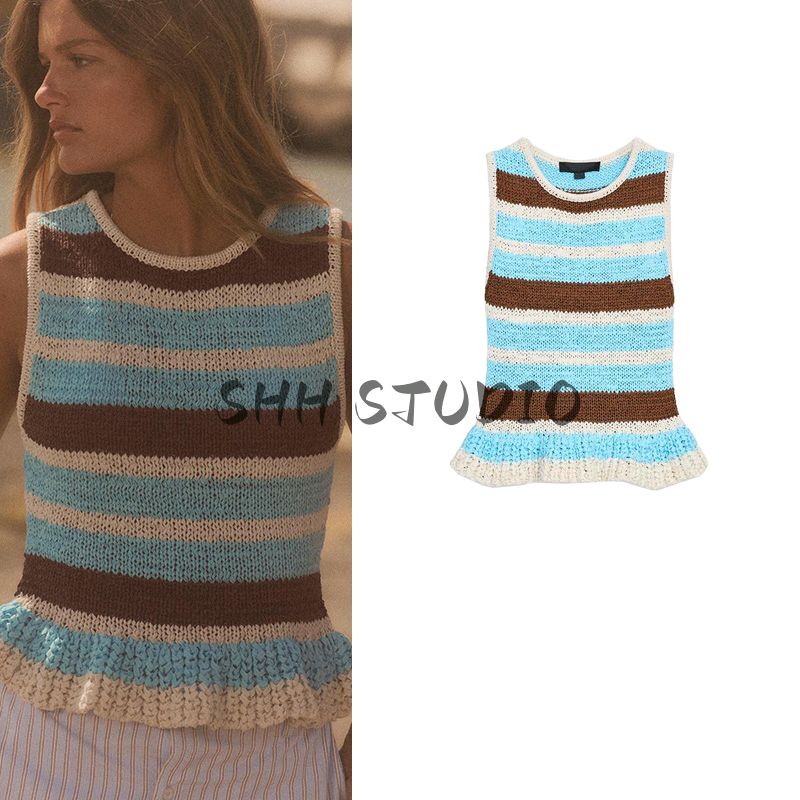 Summer New Product Women's Clothes Fashion Style Laminated Decoration Stripes round Neck Sleeveless Knitting Tops 2142099
