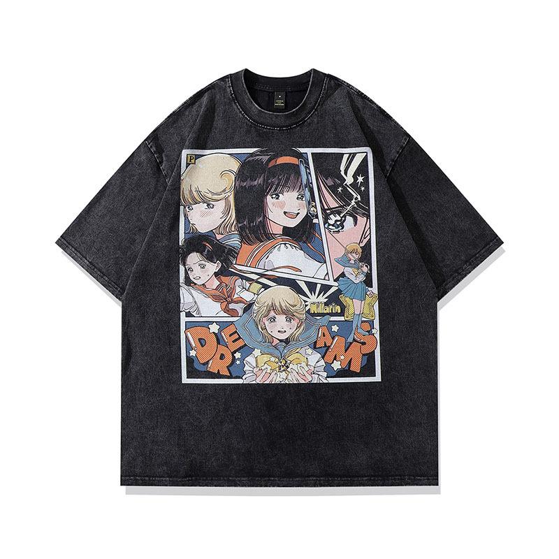 High Street Vintage Old Washed Cartoon Printed Short Sleeve T-Shirt Men'S And Women'S Bf Style Hip Hop Loose Half Sleeve Top