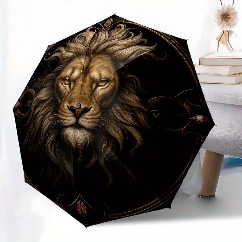 Regal Lion Portrait Wall Art Decor Umbrella, Cute Umbrella with Cute Design, Portable 3-Fold Compact Umbrella for Men & Women, Valentine's Day Mother'