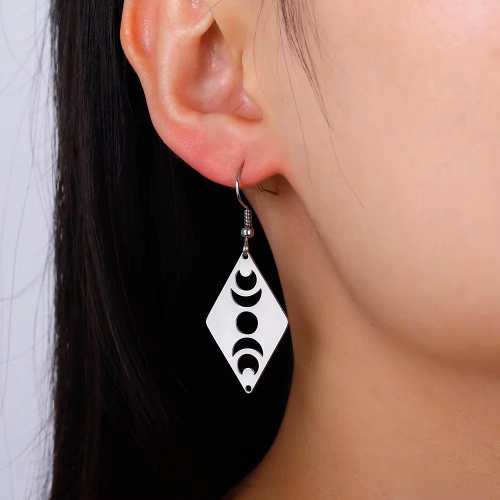 Dawapara Crescent Goddess Black Birthstone Stainless Steel Earrings Triple Moon Wicca Pentagram Gothic Drop Earrings