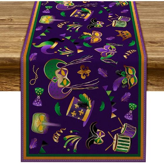Pudodo Mardi Gras Table Runner Carnival Mask Fleur De Lis Tablecloth New Orleans Masquerade Party Kitchen Dining Home Decoration (13" X 72")