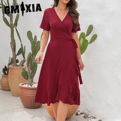 V-Ausschnitt Hohe Taille Bindekleid Einfarbig Lang Kurzarm Kleider Urlaubsreisekleider