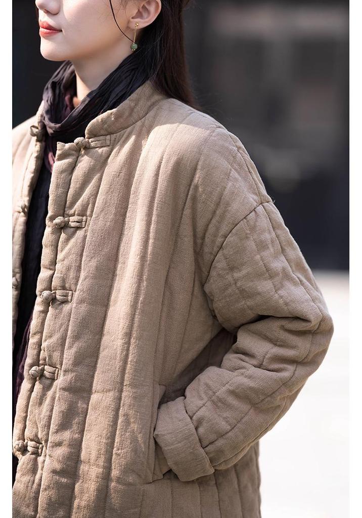 New Arrival: Women's Winter Zen Padded Quilted Jacket - Chinese Retro Style, Thickened Cotton & Linen Blend