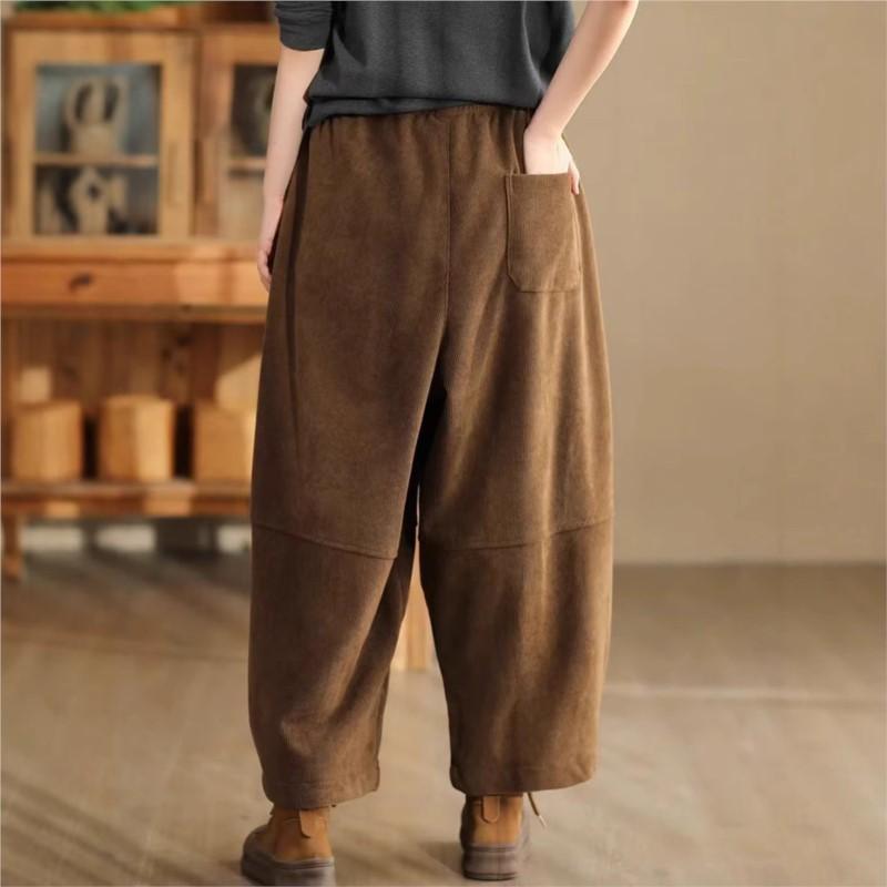 Johnature Woman Winter Vintage Splicing Solid Color Cotton Harem Pants Elasticated Waist Chinese Style Casual Pants