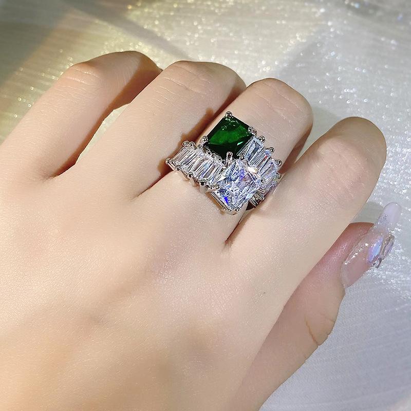 925 Silver Haute Couture Inlaid Emerald Zircon Square Princess Ring Micro Set Diamond Engagement Open Ring Party Gift