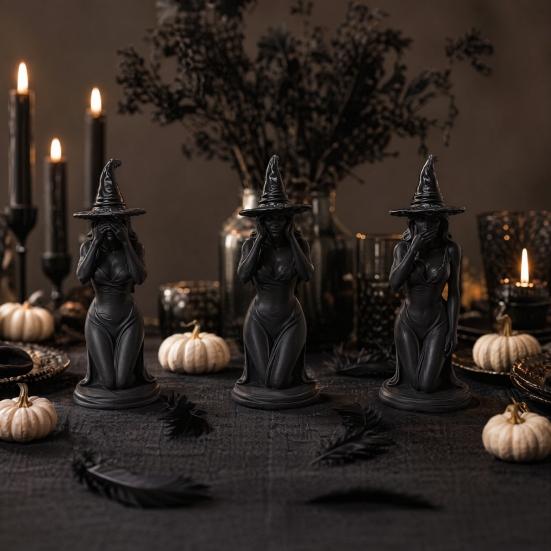 3 Pcs Witch Figurine, 3D Printed Hear See Speak No Evil Witch Statue, Gothic Tabletop Ornament for Halloween Desktop Bookshelf Home Decor