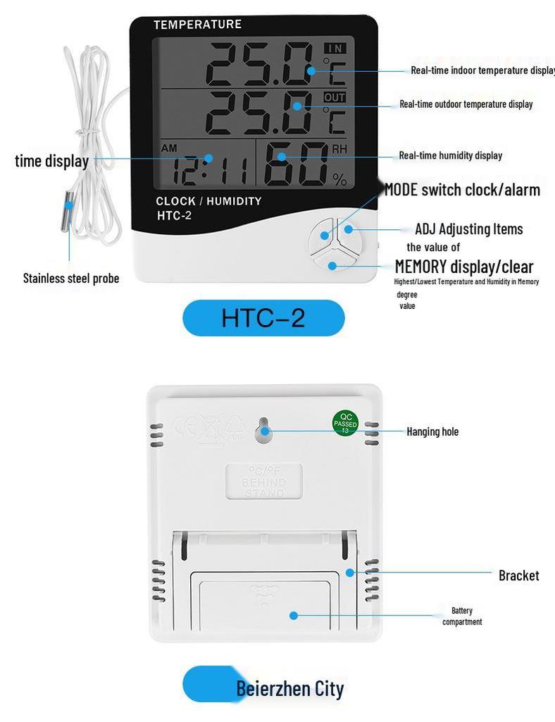 HTC-2 Thermometer Hygrometer with Probe - Indoor/Outdoor Digital Humidity & Temperature Display