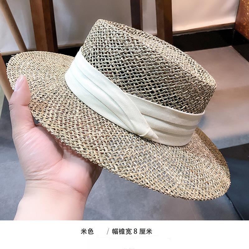2025Women's Summer Straw Hat - British-style Flat Top Raffia Sun Hat with Openwork Design for Beach & UV Protection