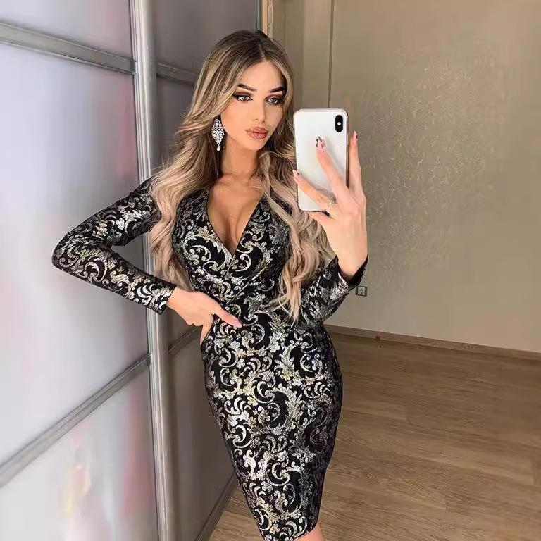 2025 Spring and Summer New Women's Clothing, Long-sleeved V-neck Pencil Skirt, Mid-skirt