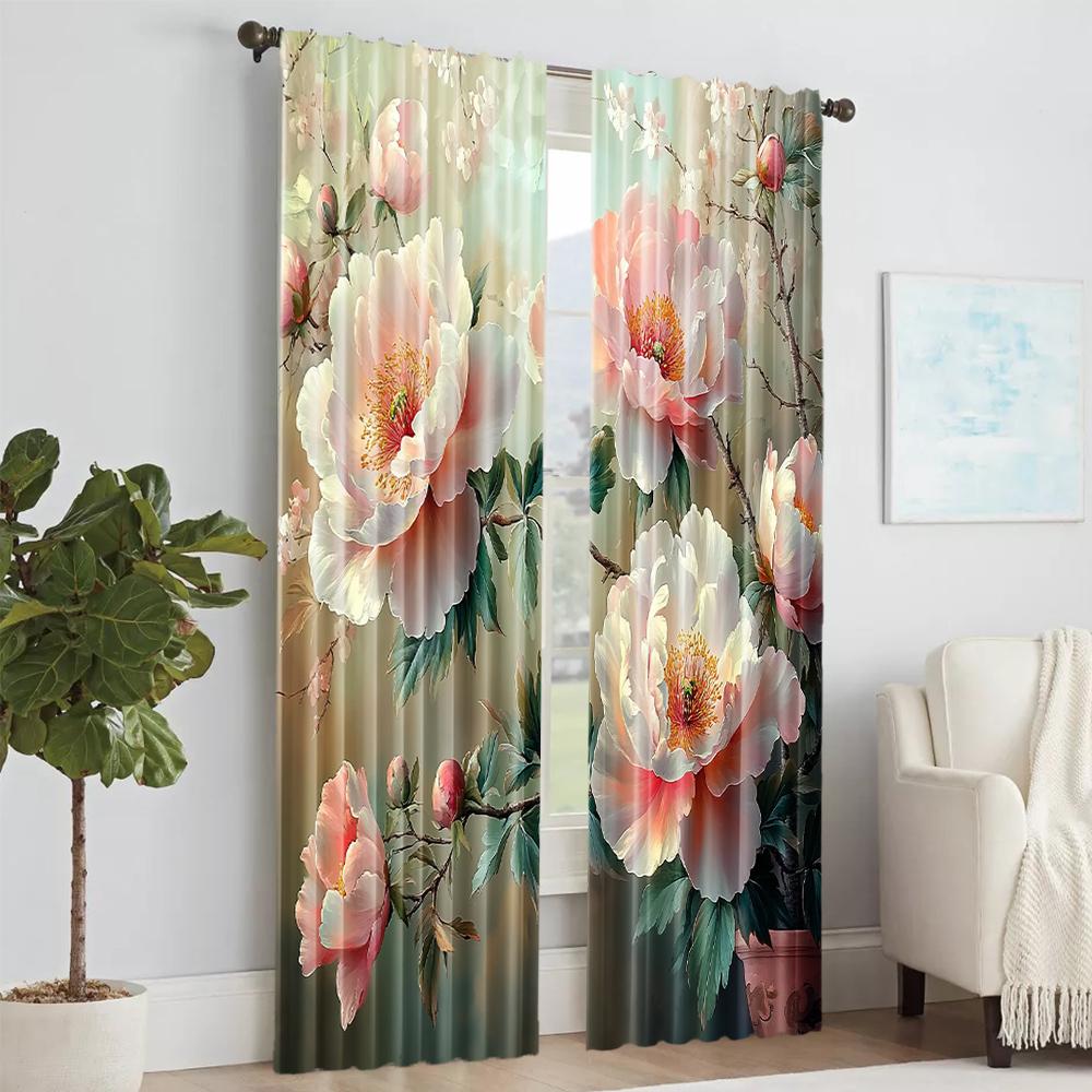 2 pcs   versatile polyester transparent curtains for home decoration Pink & White Floral for use in bedrooms and living rooms