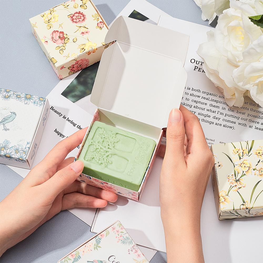 1set Flower Pattern Paper Gift Boxes Folding Boxes for Jewelry Square Mixed Color 7.5x7.5x3cm 5 colors 6pcs/color 30pcs/set
