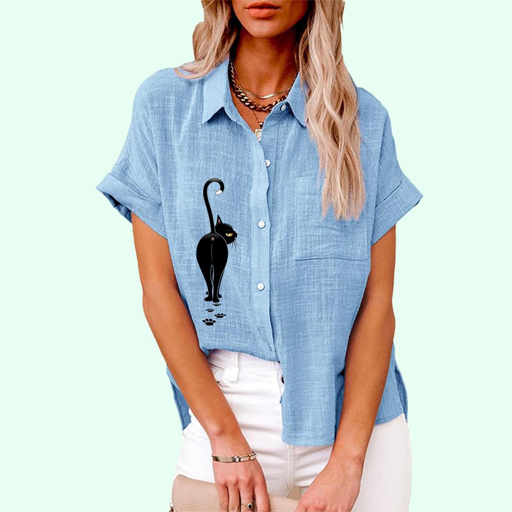 Plus Size Women Casual Short Sleeve Linen Top Summer&fall Fashion Cat Print Blouse Ladies Loose Buttoned T-shirt