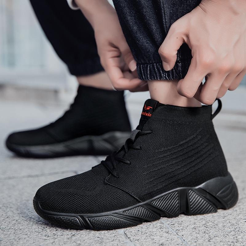 Couple High-top Fly-woven Velvet Sneakers, Straps, Socks, Large-size Cotton Shoes, Men's and Women's Autumn and Winter Casual Shoes