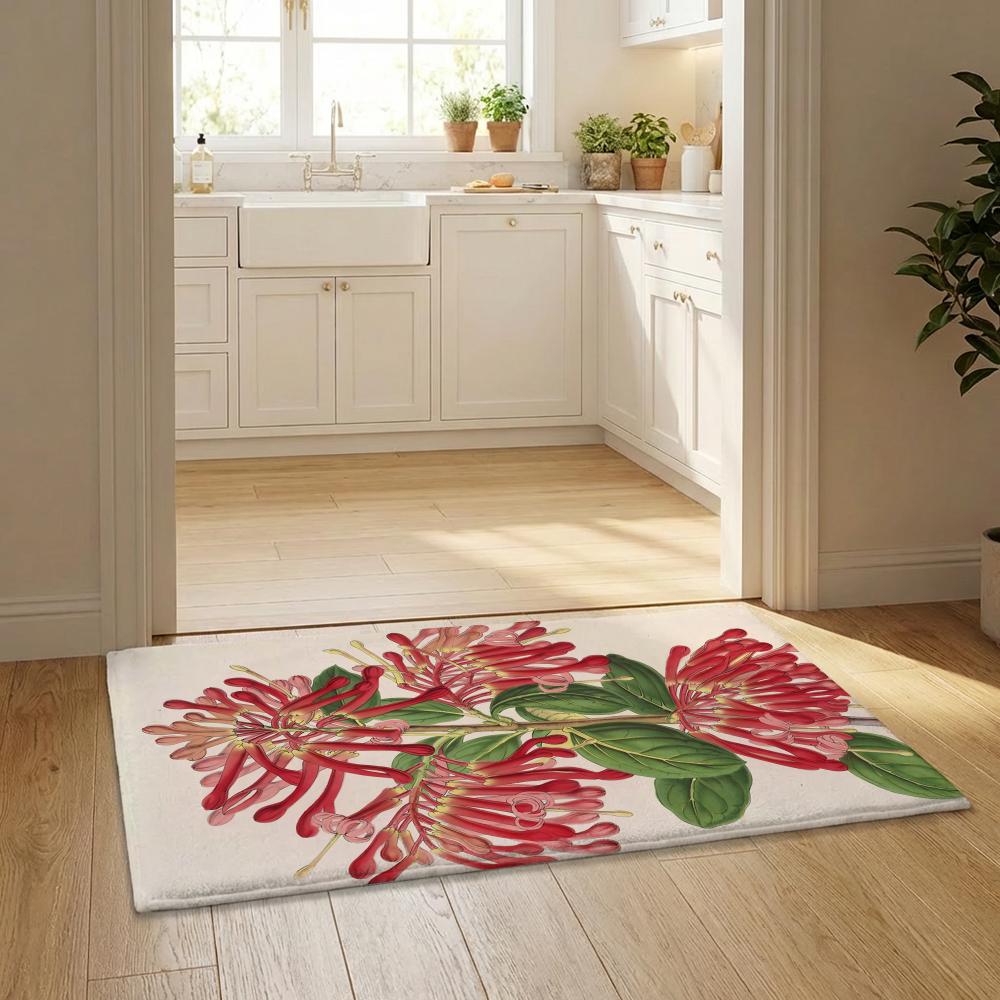Bright Red Flowers Floor Mat Flannel Door Mat Non-Slip Bedroom Living Room Home Decor 40x60cm