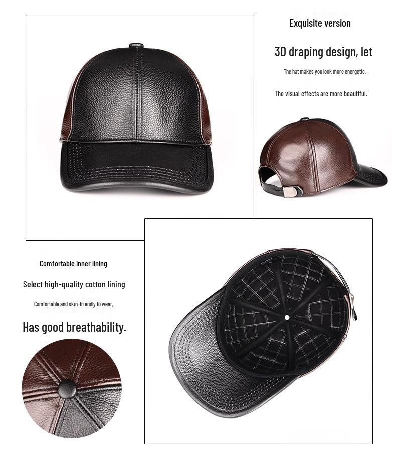 Men's Top Grain Cowhide Leather Baseball Cap - Duckbill Style for Middle-Aged & Elderly, Autumn/Winter Outdoor Fashion Dad Hat