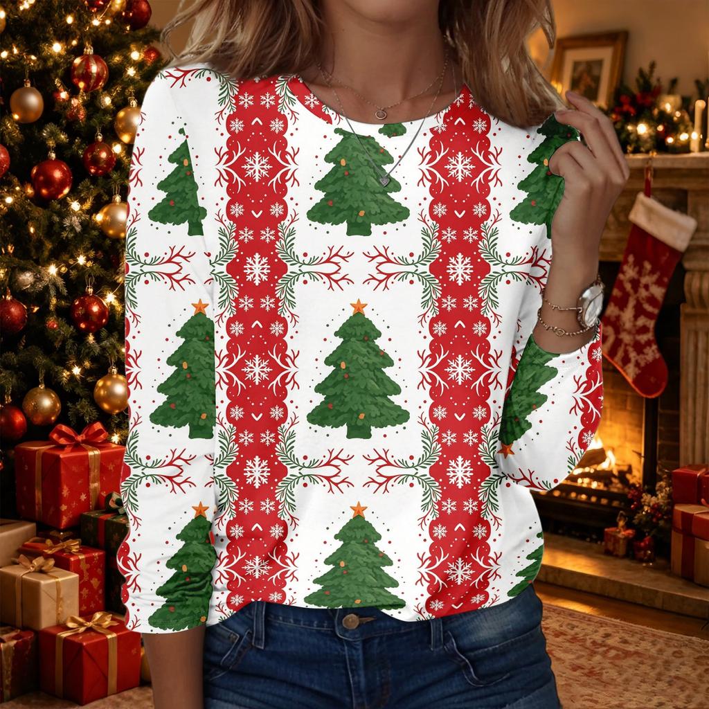 Women's Fashion Christmas Print Crewneck Long Sleeve Pullover Top, Casual Holiday Shirt