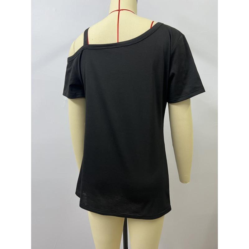 New Summer Women's Simple Short-sleeved Metal Button Pleated T-shirt Top
