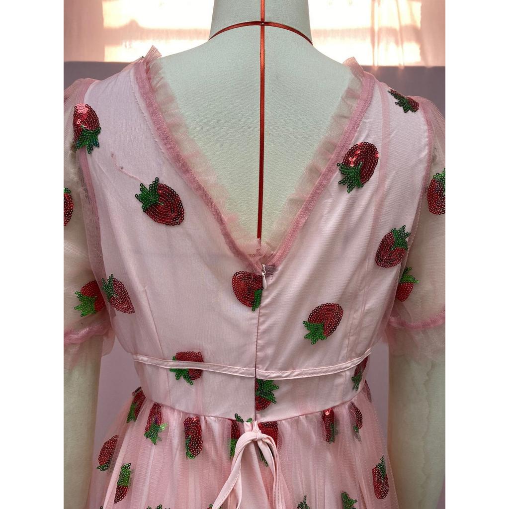 Damen Abendkleid mit Erdbeer-Pailletten-Verzierung, V-Ausschnitt Tüll Schnürung Langes Kleid, Elegantes Sexy A-Linien Ballkleid mit Fließendem Rock