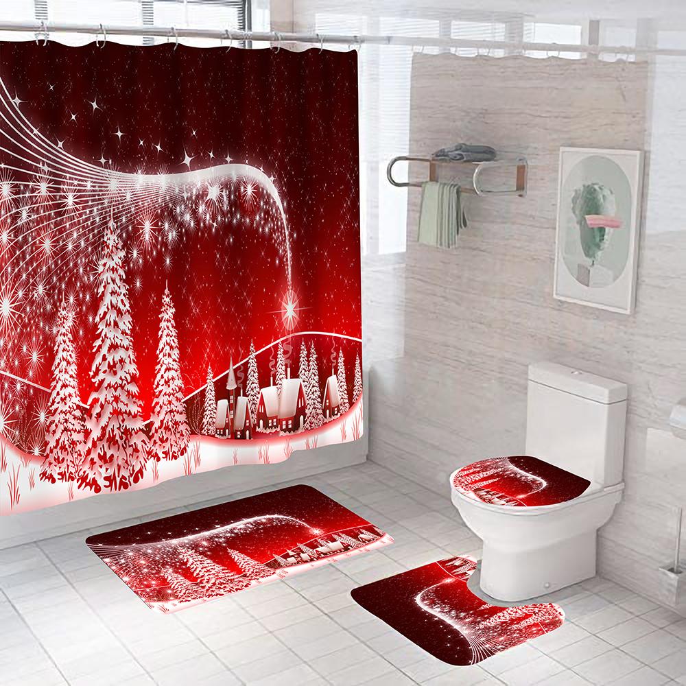 Christmas Tree Bathroom Set Shower Curtain Set Waterproof Santa Claus Anti-Skid Rugs Toilet Cover Bath Curtains Set With Hooks