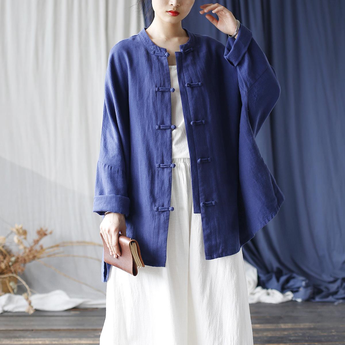 

Johnature Женские рубашки в китайском стиле, однотонные топы с длинными рукавами, осенние винтажные свободные женские блузки с пуговицами из рами One Size темно-синий