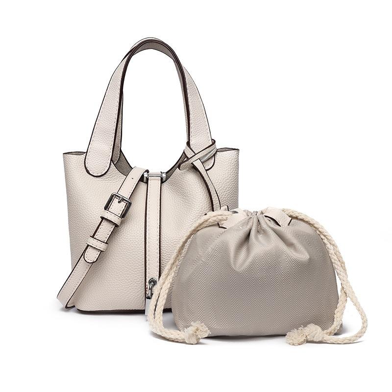 The top layer of cowhide women's bag, high-end leather bucket bag, handbag bag, commuter lychee pattern one-shoulder crossbody mom bag