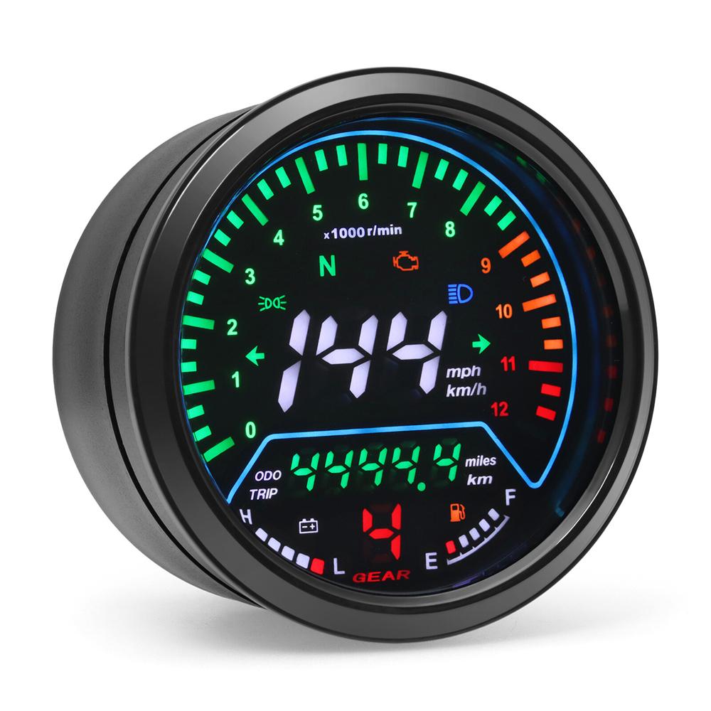 Motorcycle Speedometer - 12V LCD Digital - Odometer Tachometer Fuel/Volt Gauge