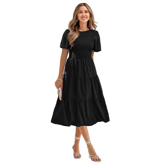 Women's Short Sleeve Smocked Midi Dress Summer Crew Neck Pleated Long Dress