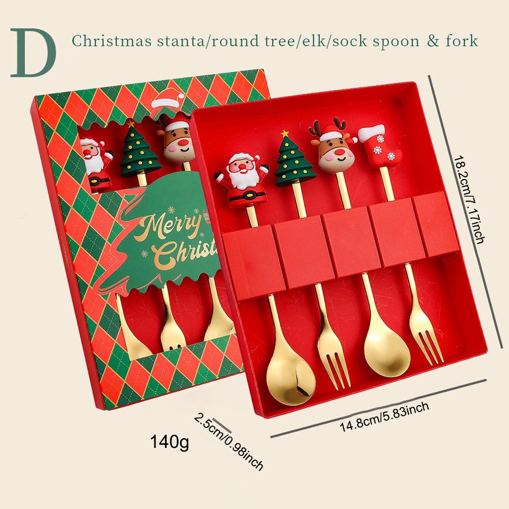 4pcs Christmas Party Dinnerware Set with Gift Box Christmas Tree Dessert Fork Spoon Cutlery Set Gold Stainless Steel Tableware