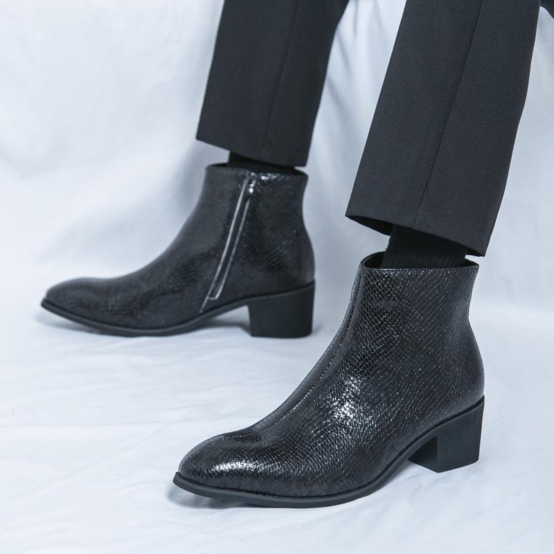 European & American Plus Size Snake Print High-Top Leather Boots - Men's Formal Pointed Toe Style.