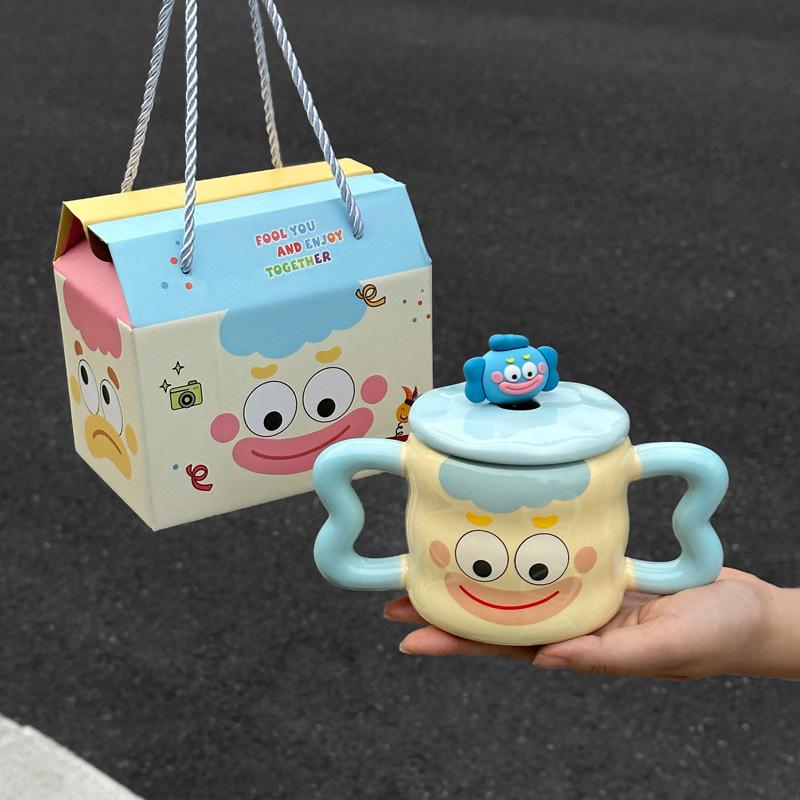 Cute Mug Ceramic Cup with Lid Spoon Boys and Girls Household Water Cup Coffee Milk Cup Birthday Gift