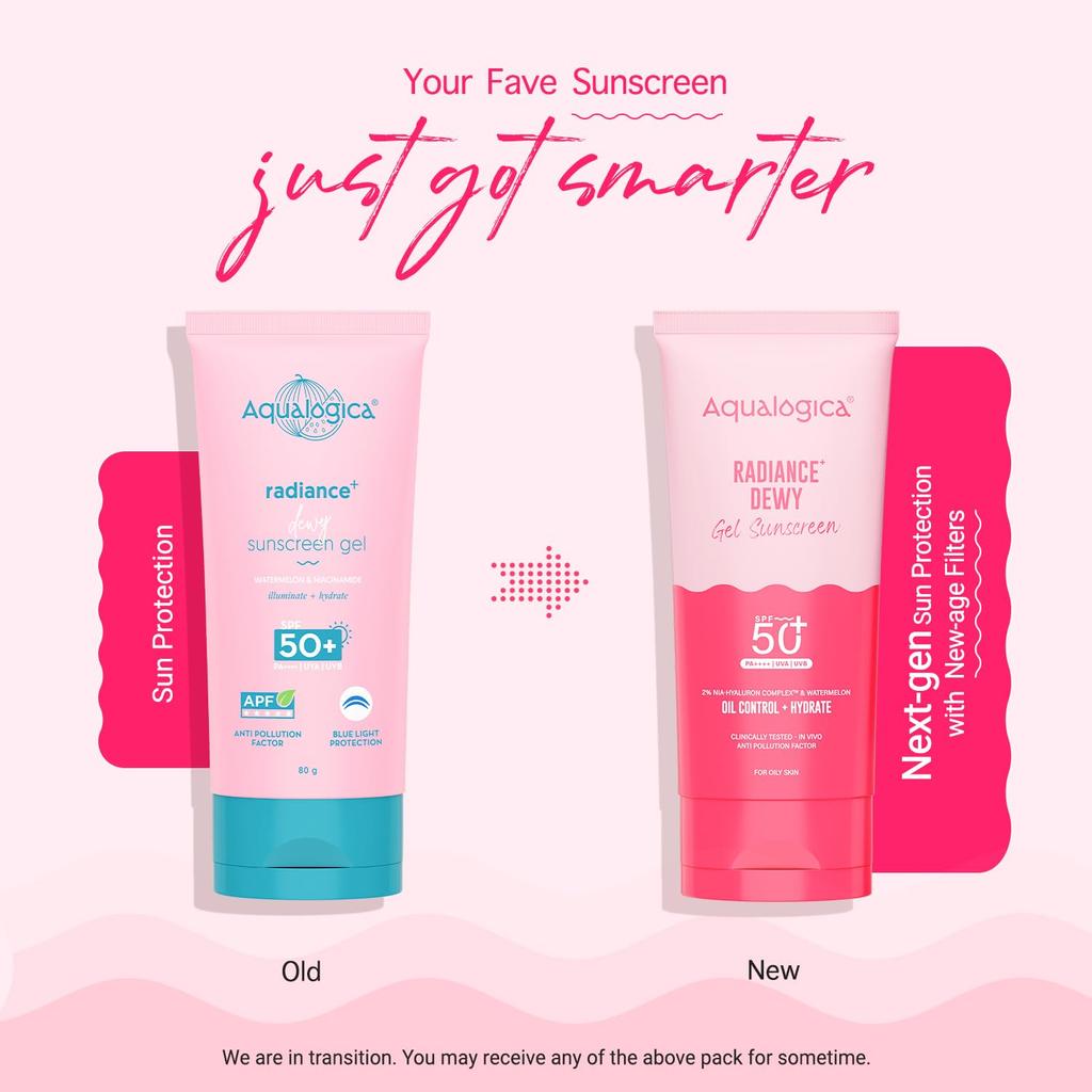 Aqualogica Radiance+ Dewy Gel Sunscreen - 80g | SPF 50+ PA++++ | In-Vivo Tested | New-age Filters | Anti Pollution Factor | For Bright & Radiant Sk