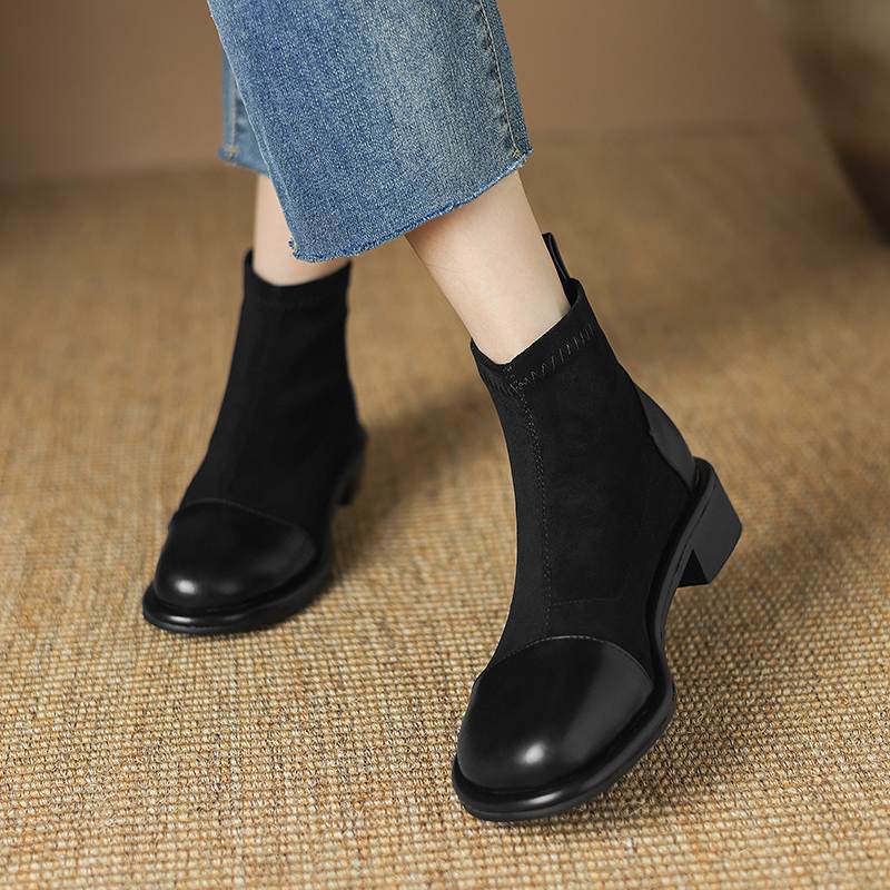 Krazing Pot Flock Autumn Winter Shoes Low Heels Size 43 Stretch Boots Back Patch Work Street Wear Elastic Ankle Boots