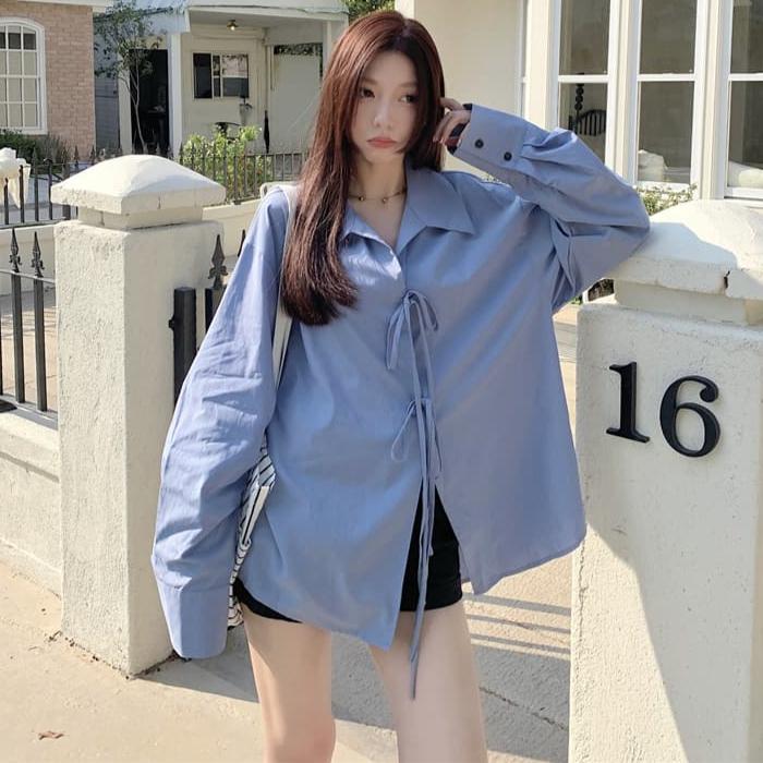 Damen Bluse Frühling Herbst einfarbig Polokragen Schleife Schnürung Langarm Arbeitskleidung Bürodame Casual übergroße Strickjacke Shirts