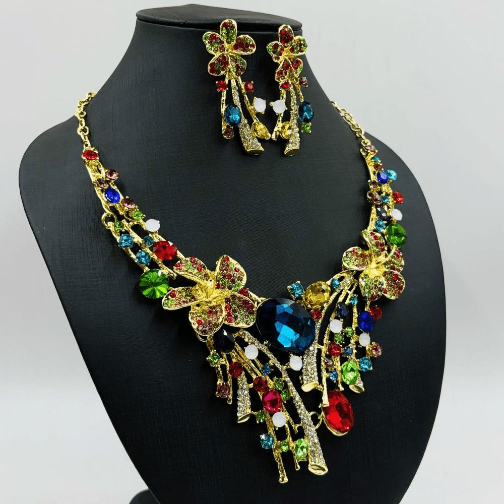 European and American Brides Exaggerated Flower Color Necklace Earrings Set Wedding Banquet Jewelry Set