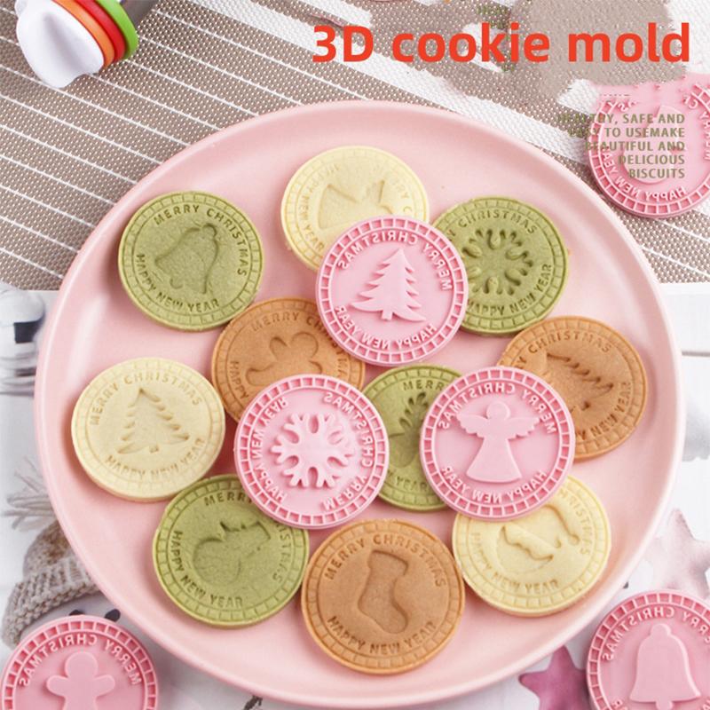 9Pcs/set 3D Christmas Cookie Mold DIY Cookie Press Baking Embosser Circular Mold New Year Party Decor Baking Tools