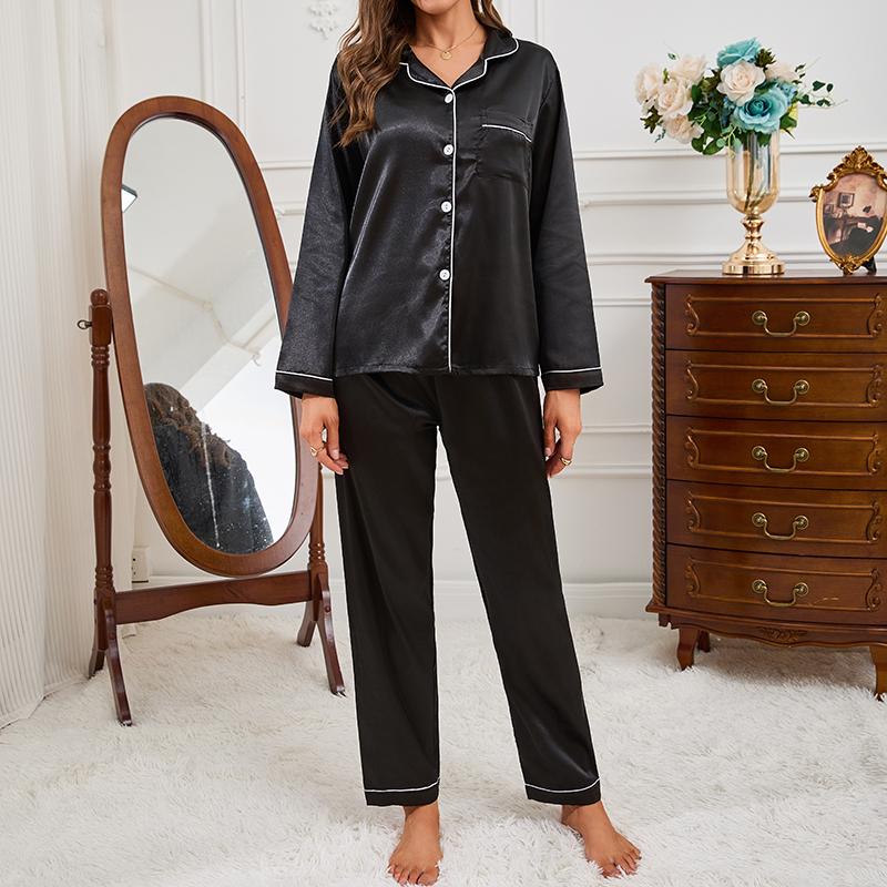 Women Satin Autumn Long Sleeve Buttons Lapel Top & Pants Sleepwear 2 Piece Button-Down Set Cozy