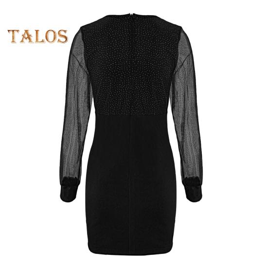 Damen Frühlings-/Herbstkleid, V-Ausschnitt, Laternenärmel, unregelmäßiger Saum, durchsichtiges Netz, Pailletten, Patchwork, Etuikleid über dem Knie, Abschlussball, Party, Minikleid