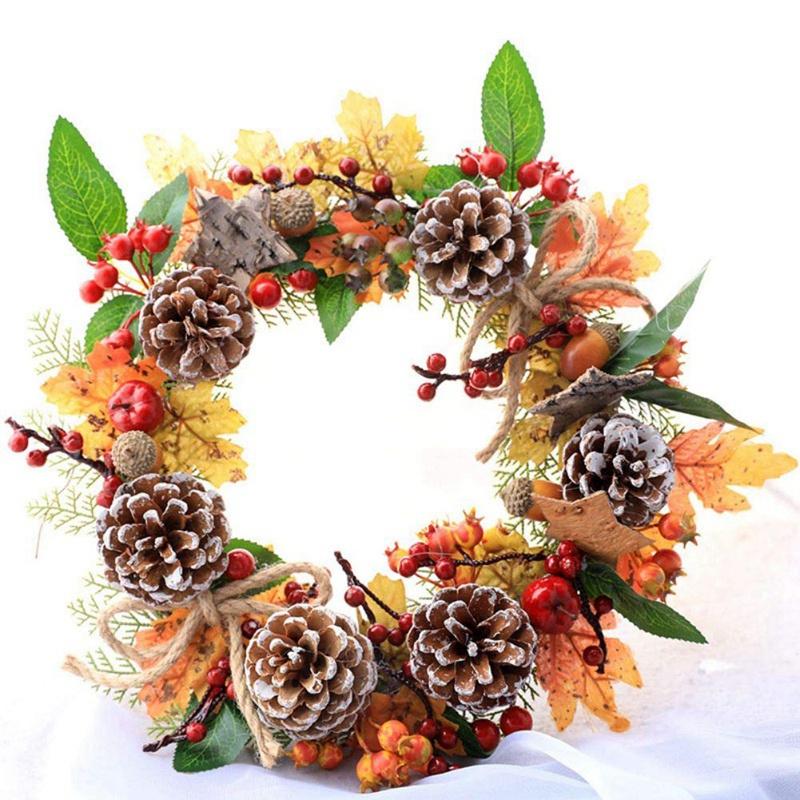 New Artificial Wreath Fall Maple Leaves Wreath with Decorative Pine Cone Red Berry Front Door Wreath Christmas Floral Rattan Garland