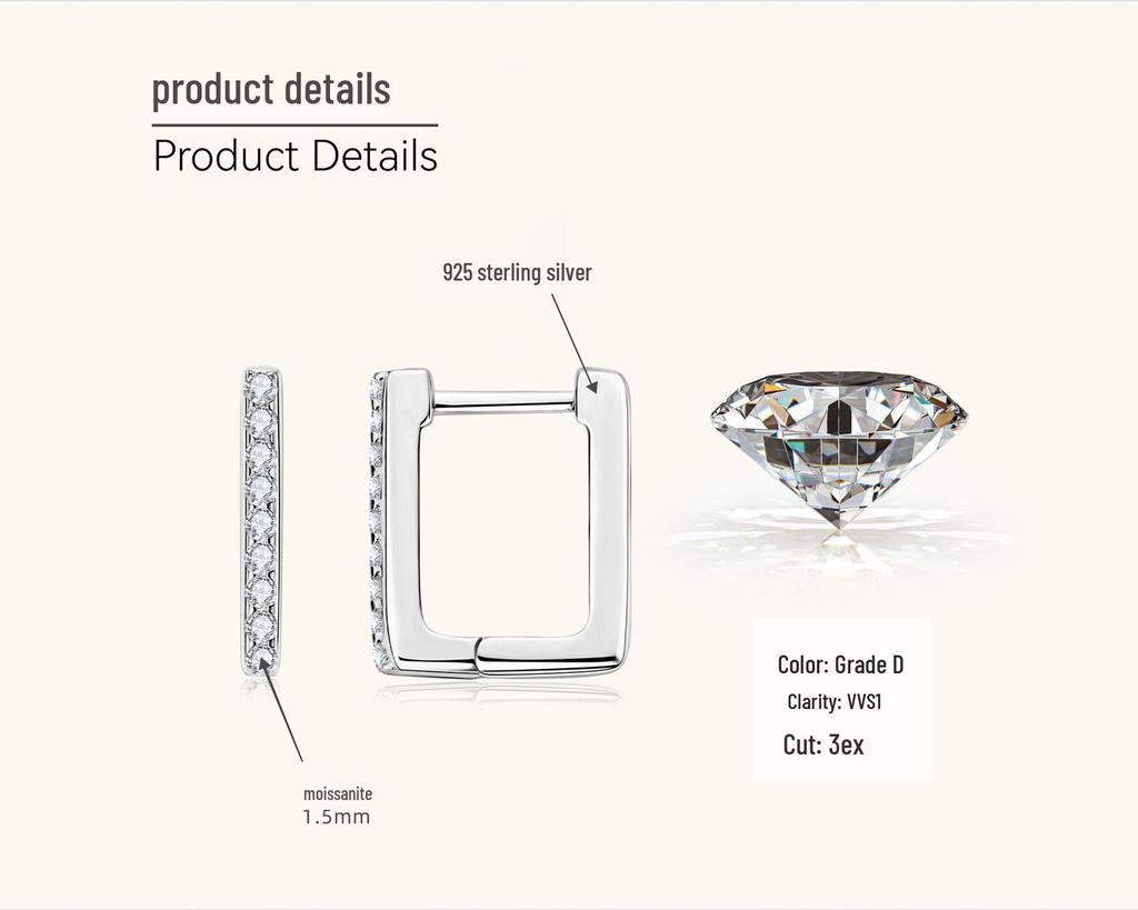 Elegant Square Moissanite Stud Earrings for Women - Trendy S925 Sterling Silver Ear Cuffs