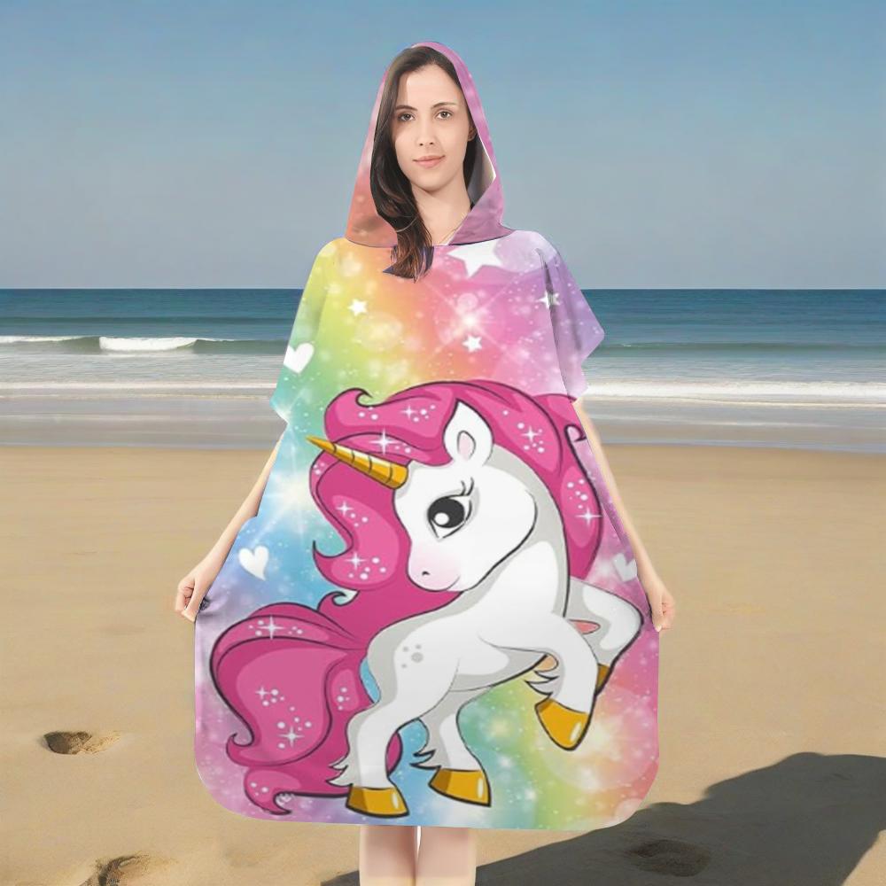 

Hooded Bathrobe Unicorn Print Microfiber Quick Dry Absorbent Beach Robe Changing Robe Swim Cover Up for Kids Adults Swimming W30*H60(CM)