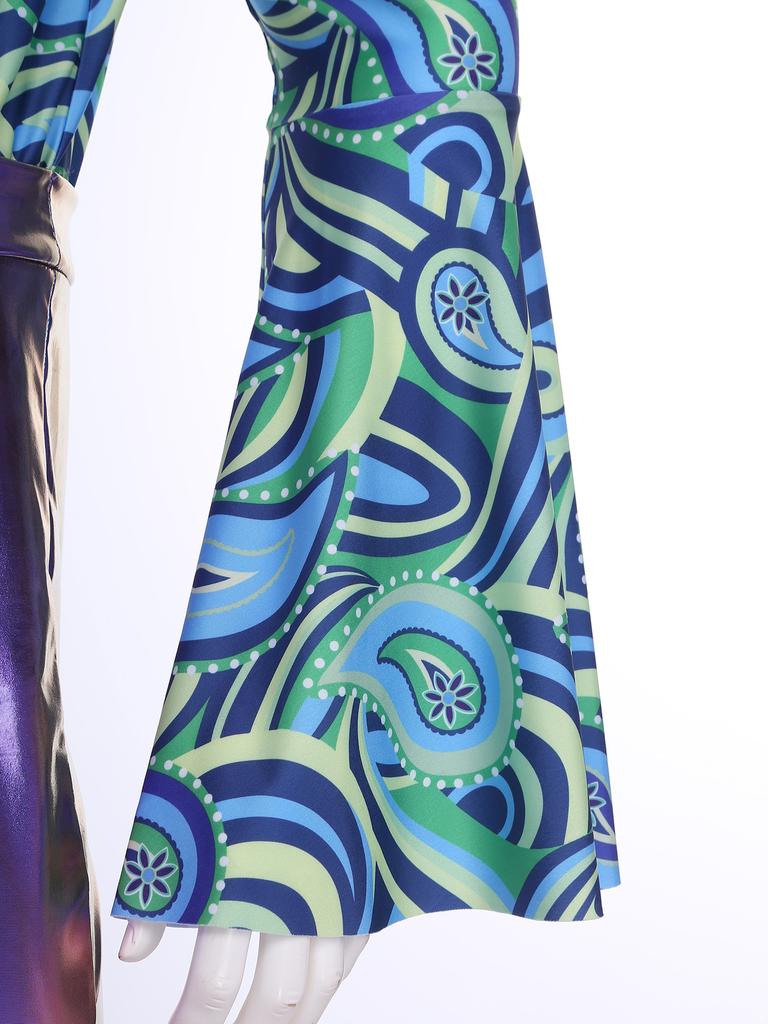 Mens Metallic Bell Bottom Disco Jumpsuit Turn Down Collar Flared Sleeves Printed Bodice Bodysuit Party Costume