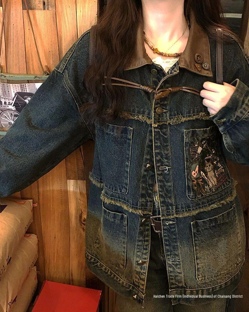 2025 Playful Green Embroidered Denim Jacket - Spring/Autumn Retro Style | Free Shipping