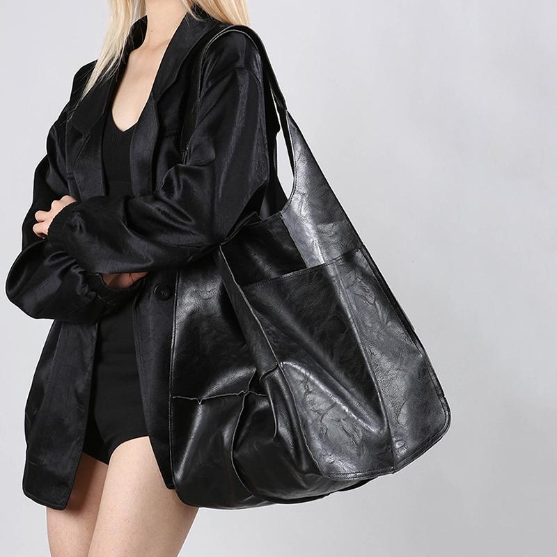 Retro Super Big Shoulder Bag Female Solid Color Hand Bags For Women Soft Leather Casual Shopper Underarm Tote Bag