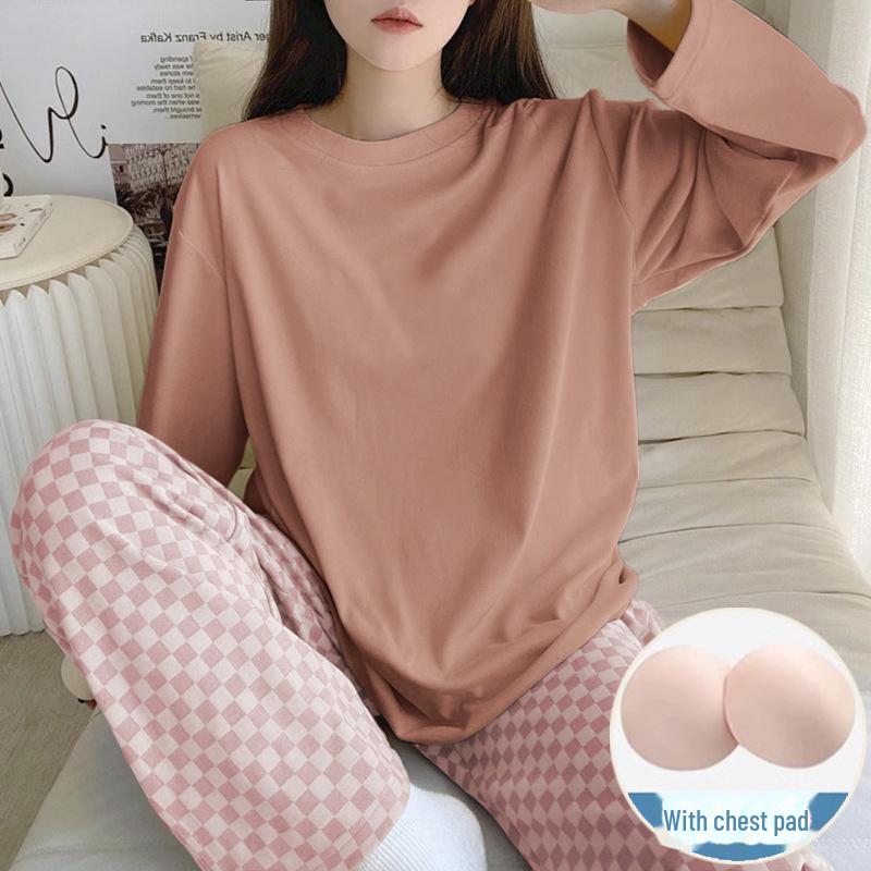 Women's Milk Silk Checkerboard Pajama Set - Round Neck, Long-Sleeve, Self-Contained Breast Pads for Spring and Autumn
