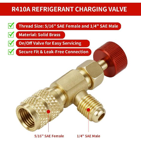 2Pcs Refrigerant Charging Valve Set, 1/4" & 5/16" Safety Adapter Flow Control Ball Valve, Brass Low Loss HVAC Fittings for R12 R22 R410 Air