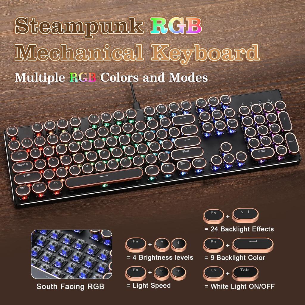YUNZII QL108 Typewriter Mechanical Gaming RGB Metal Panel Round USB Wired Connection Onyx Keyboard, Full-Size, Hot-Swappable, Backlit, & Retro-Punk