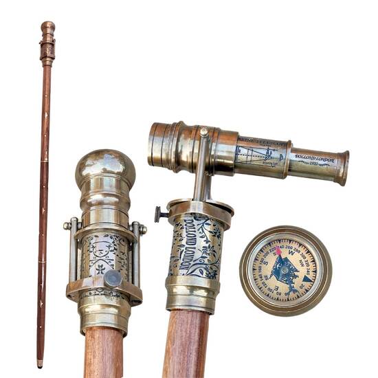 Brass Telescope Compass London Hidden On Top Wooden Walking Stick Canes