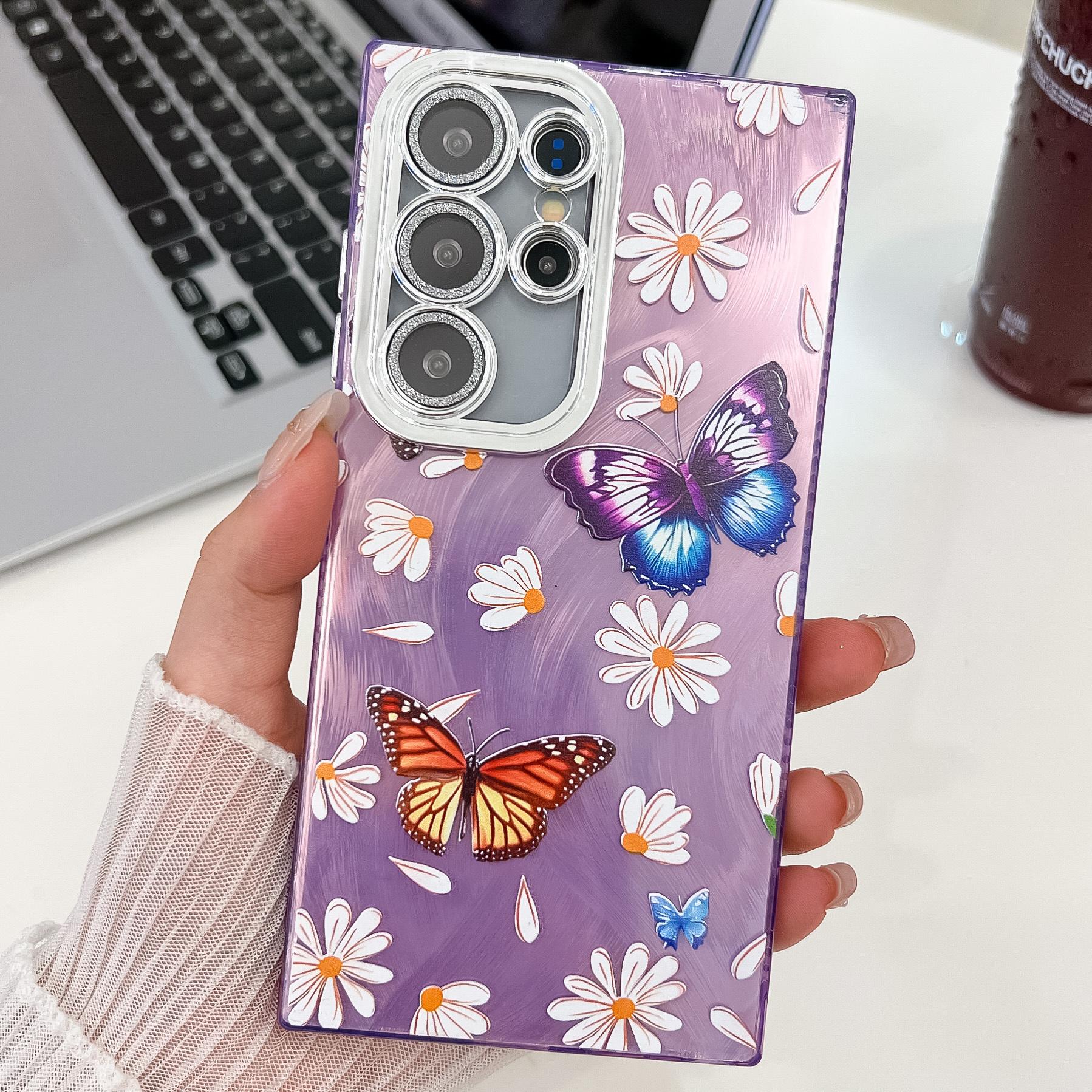 

For Samsung Galaxy S24 Ultra Case Electroplated Floral Pattern IMD TPU+PC Phone Back Cover with Glass Lens Film HU3